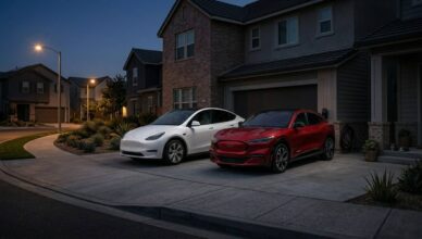photorealistic image of a Tesla Model Y and Ford Mustang Mach-E parked in a suburban driveway during a neighborhood power outage