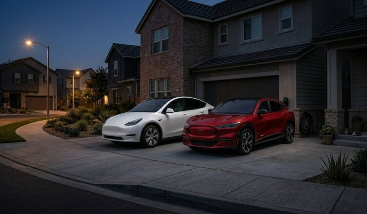 photorealistic image of a Tesla Model Y and Ford Mustang Mach-E parked in a suburban driveway during a neighborhood power outage