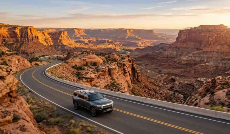 A modern SUV on Utah Scenic Byway 12 at golden hour with red rock cliffs and layered canyon country