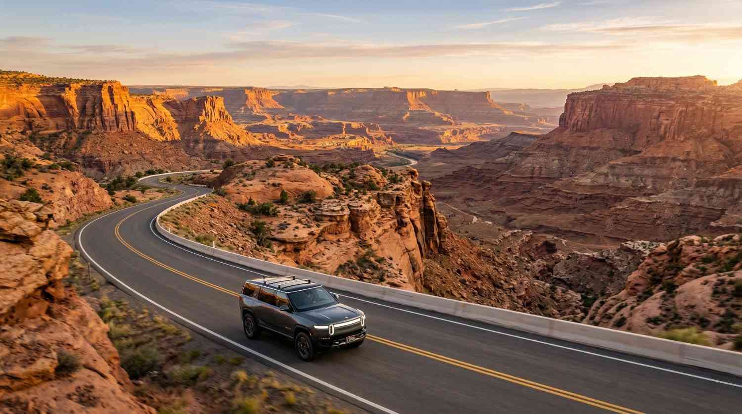 A modern SUV on Utah Scenic Byway 12 at golden hour with red rock cliffs and layered canyon country