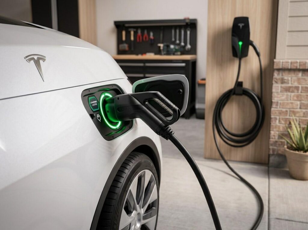 EV charging port plugged into a home Level 2 charger with indicator lights showing active charging 