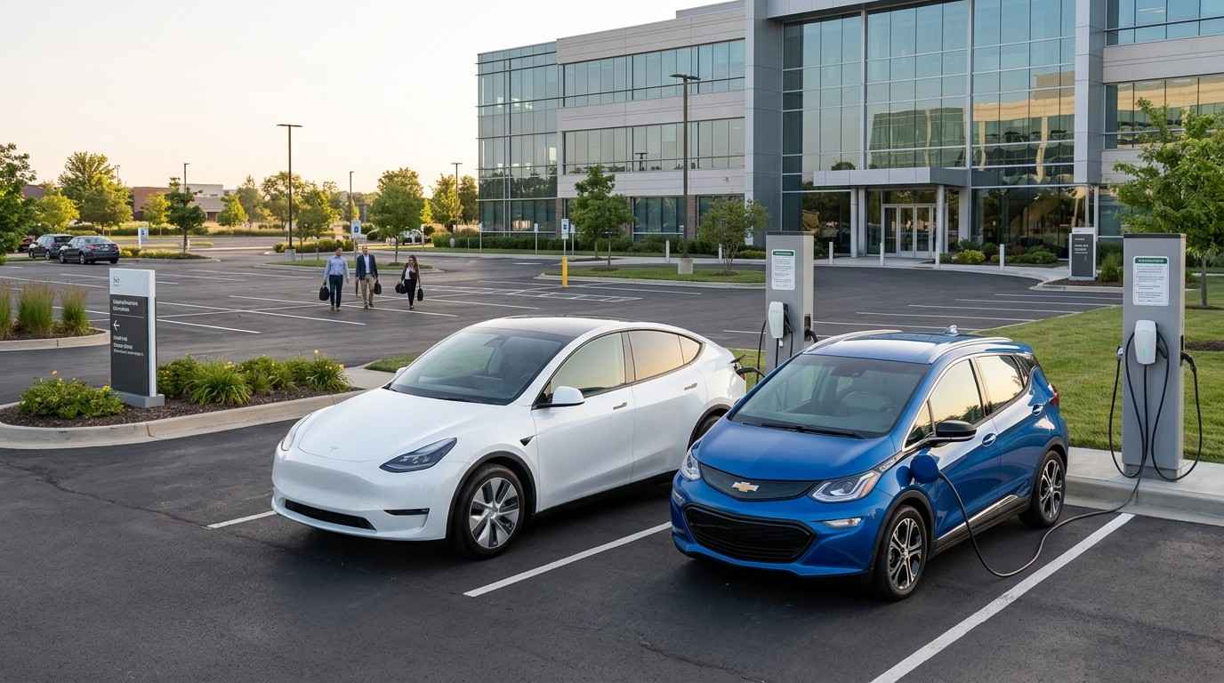 photorealistic image of a Tesla Model Y and Chevrolet Bolt EV parked at a modern office parking lot with EV charging stations