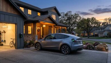 photorealistic image of a 2026 Tesla Model Y charging in a suburban American driveway at dusk, wall-mounted Level 2 charger with cable connected