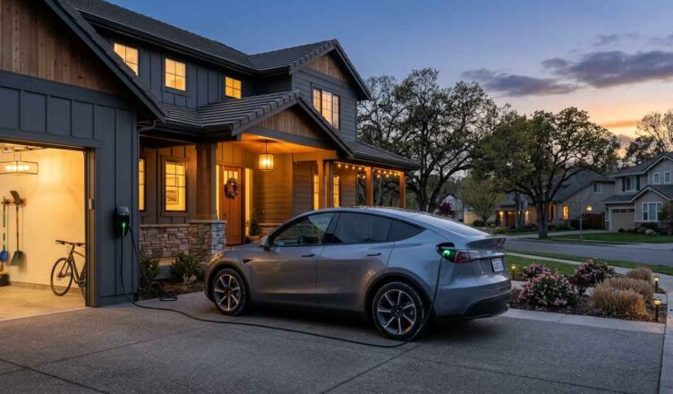 photorealistic image of a 2026 Tesla Model Y charging in a suburban American driveway at dusk, wall-mounted Level 2 charger with cable connected