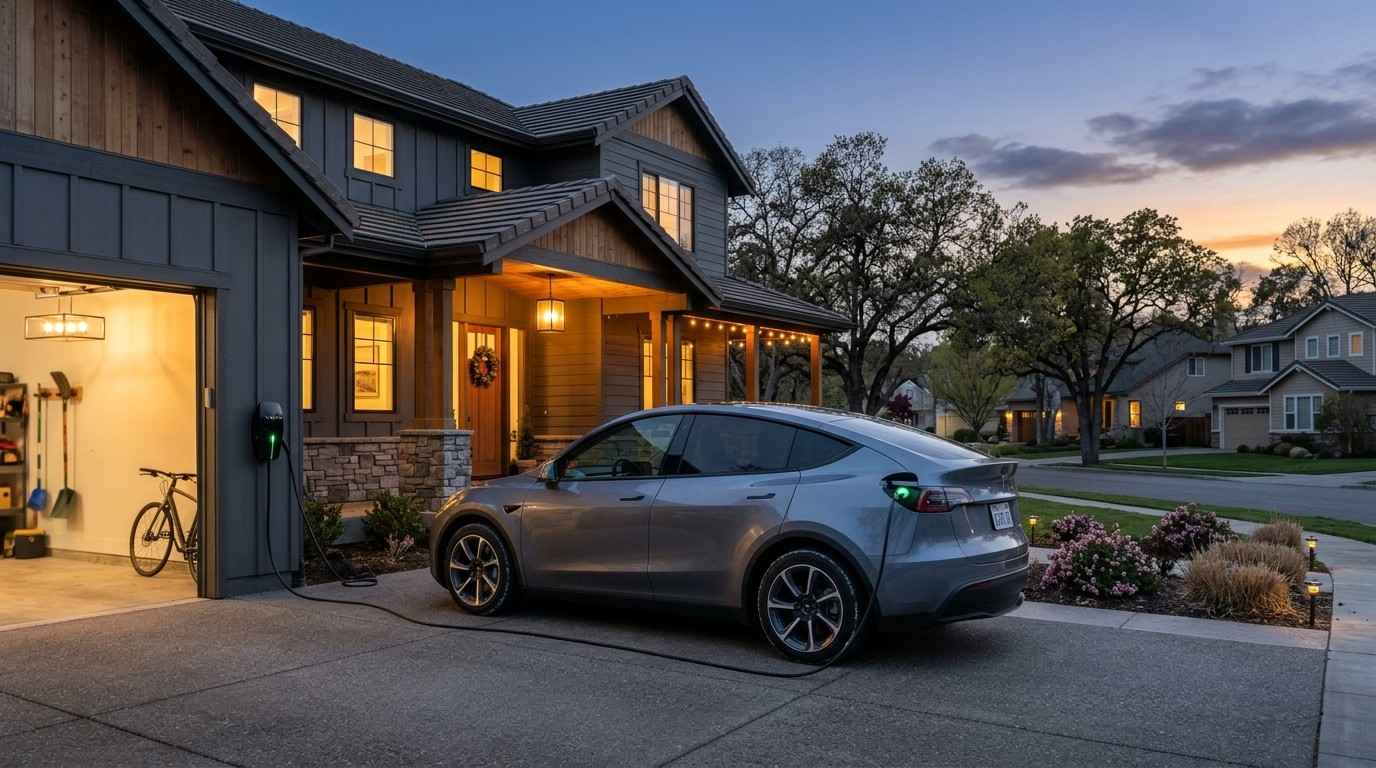 photorealistic image of a 2026 Tesla Model Y charging in a suburban American driveway at dusk, wall-mounted Level 2 charger with cable connected