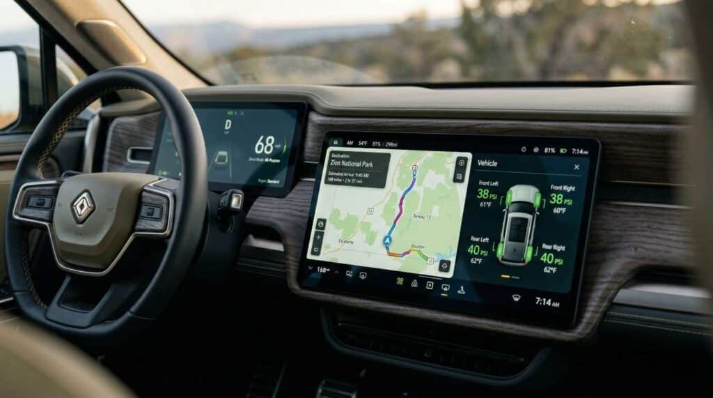 Close-up of a digital tire pressure monitoring system on a modern vehicle dashboard showing 38 PSI.