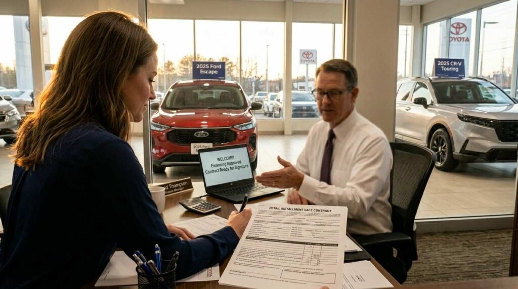 customer sitting in dealership finance office reviewing car purchase contract