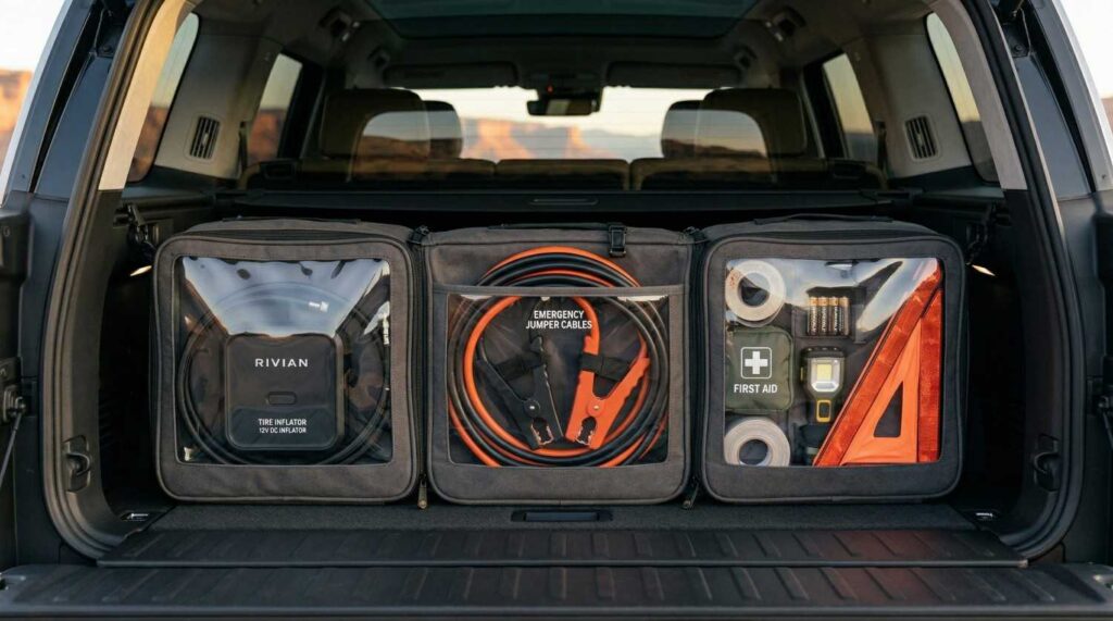 Organized car trunk emergency kit showing a portable tire inflator and jumper cables.