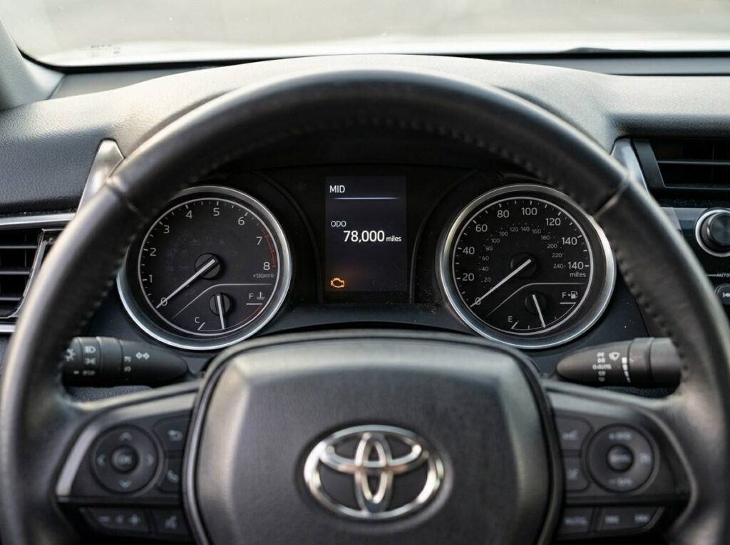 used car dashboard with odometer and warning lights illuminated