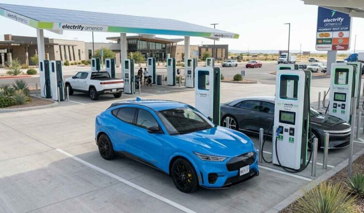 photorealistic image of a Ford Mustang Mach-E charging at a modern, multi-stall Electrify America station at a bright highway rest stop