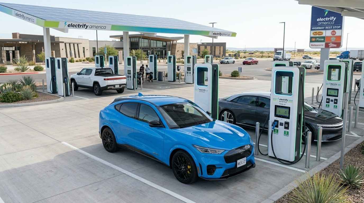 photorealistic image of a Ford Mustang Mach-E charging at a modern, multi-stall Electrify America station at a bright highway rest stop
