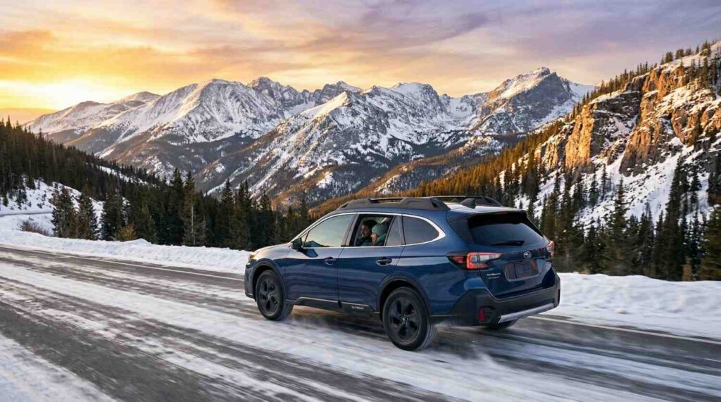 A dark blue Subaru Outback driving through a snowy mountain pass in Colorado at sunrise.