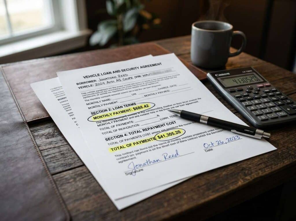 car finance contract showing monthly payment and total loan amount