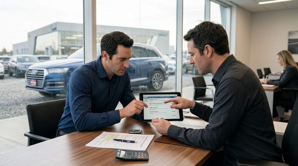 dealership finance manager presenting add-on options to buyer