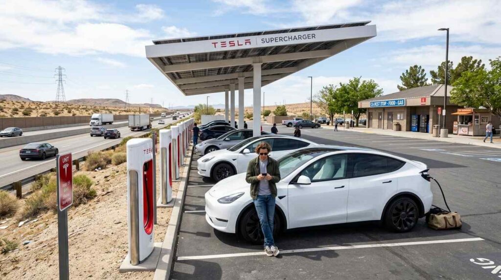 EV charging at Tesla Supercharger during highway road trip