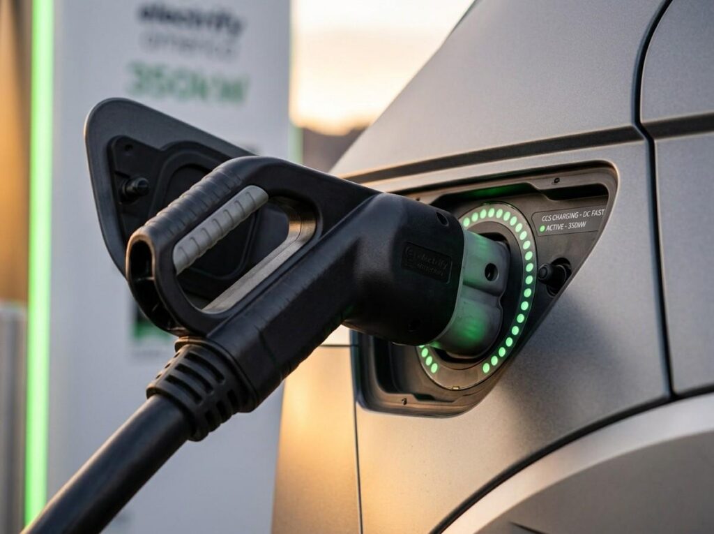 EV charging port connected to DC fast charger with charging status lights visible