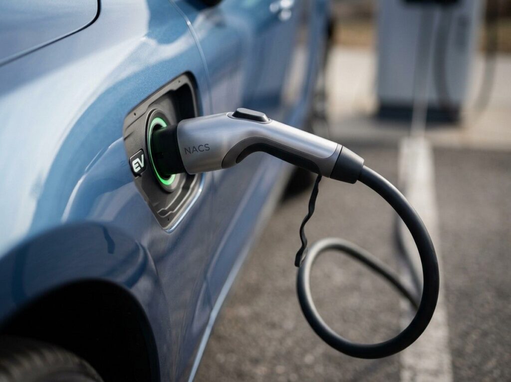 close-up of NACS charging connector plugged into EV port showing compact design