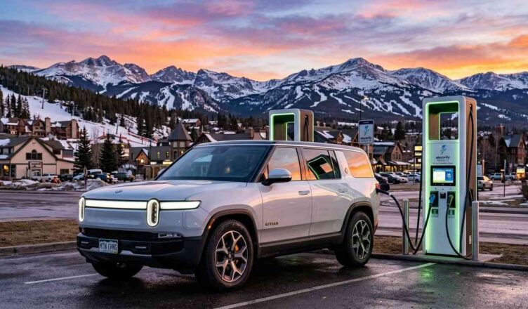 A 2026 electric SUV charging at a modern public station in a scenic Colorado mountain setting, symbolizing state-specific EV benefits