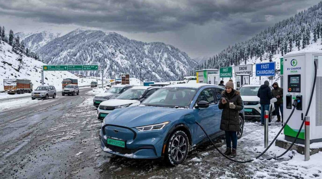 electric vehicle fast charging at a snowy highway station during a winter road trip 
