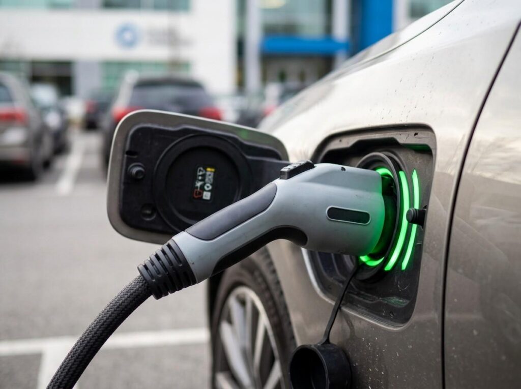 close-up of EV charging port connected to workplace Level 2 charger