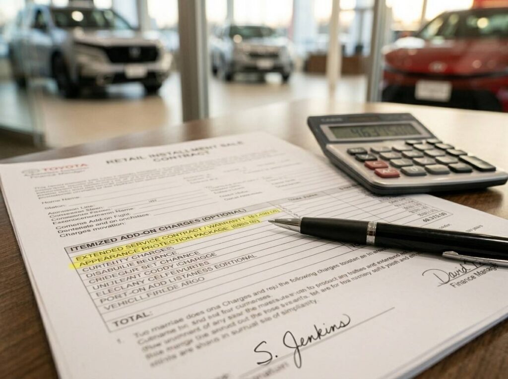 dealership finance paperwork showing add-on charges line items