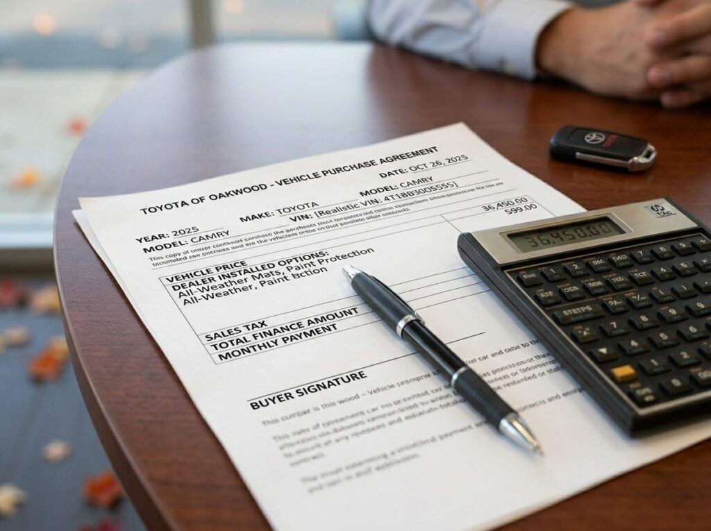 dealership finance office contract paperwork and calculator on desk