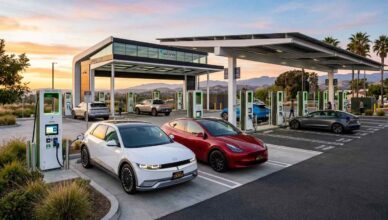 image of a 2025 Hyundai Ioniq 5 and Tesla Model Y charging at a modern EV fast charging station