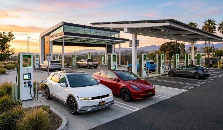 image of a 2025 Hyundai Ioniq 5 and Tesla Model Y charging at a modern EV fast charging station