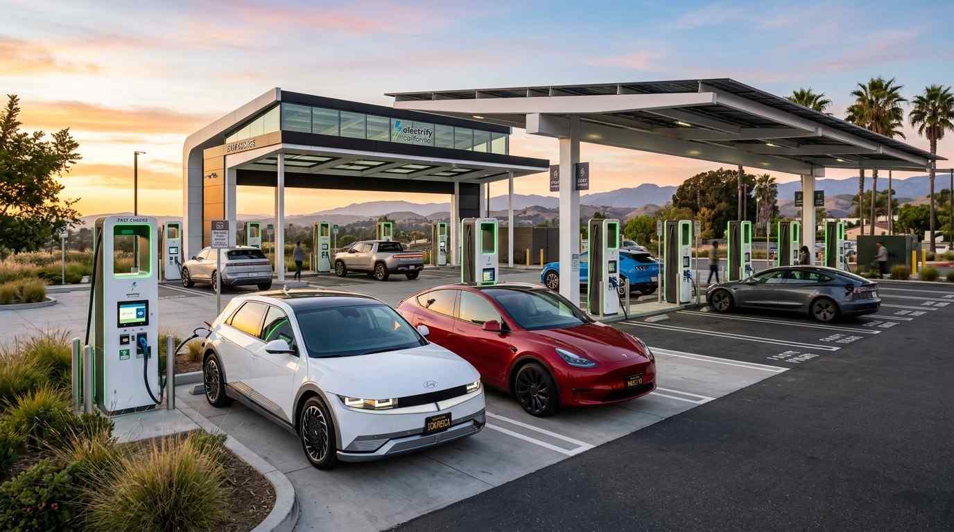 image of a 2025 Hyundai Ioniq 5 and Tesla Model Y charging at a modern EV fast charging station