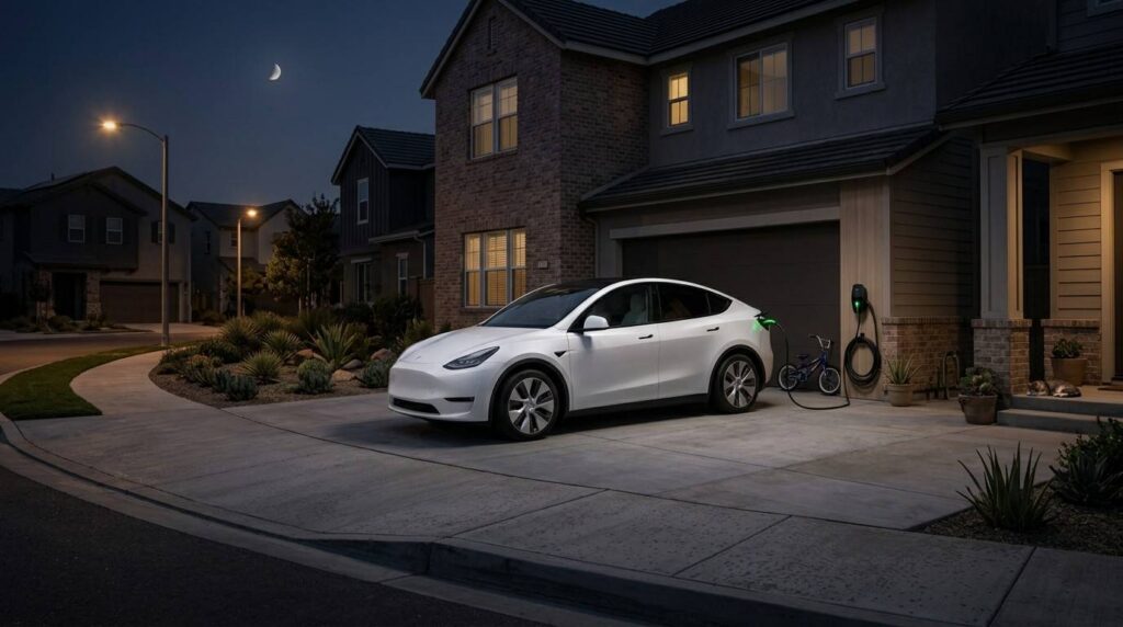 electric vehicle charging overnight in a suburban neighborhood driveway with quiet street lighting