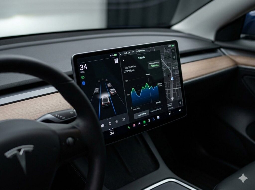 EV dashboard showing range estimate and energy consumption graph