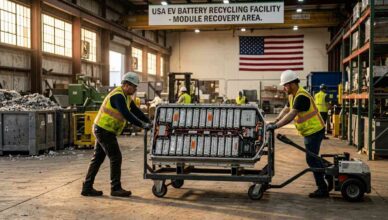 photorealistic image of a decommissioned electric vehicle battery pack being transported at a recycling facility in the United States