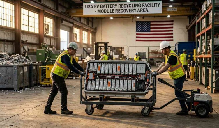photorealistic image of a decommissioned electric vehicle battery pack being transported at a recycling facility in the United States