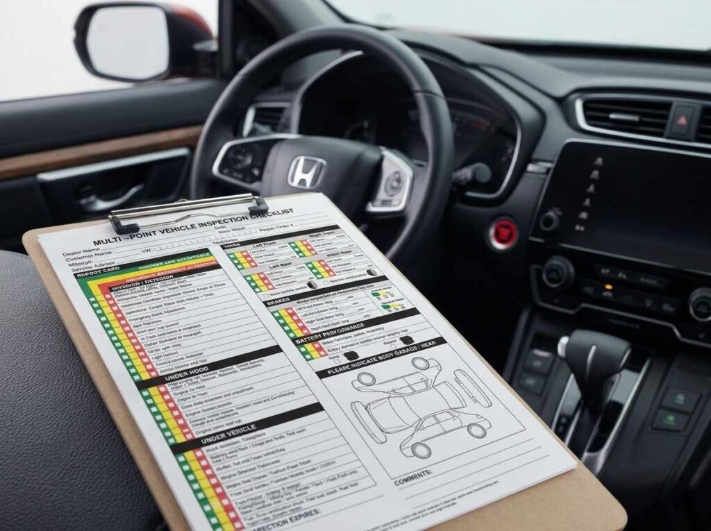 close-up of certified pre-owned inspection checklist and vehicle dashboard of Honda CR-V