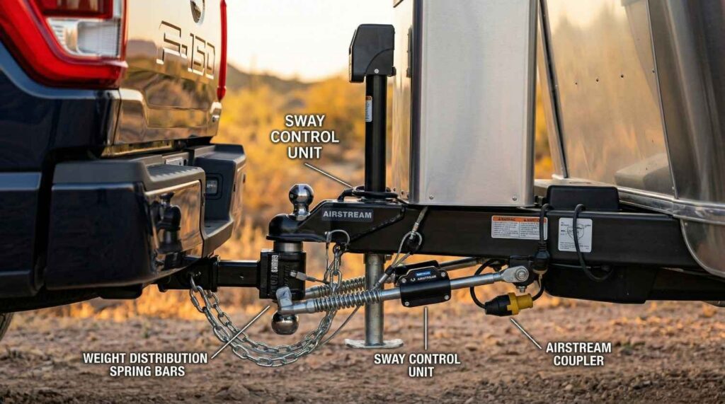 A detailed close-up of an Airstream weight distribution hitch setup attached to a 2026 pickup truck.