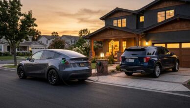 Photorealistic image of a Tesla Model Y charging in a suburban driveway at dusk, with warm interior lights glowing and a gasoline SUV parked beside it in soft evening light