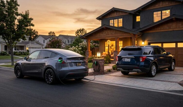 Photorealistic image of a Tesla Model Y charging in a suburban driveway at dusk, with warm interior lights glowing and a gasoline SUV parked beside it in soft evening light