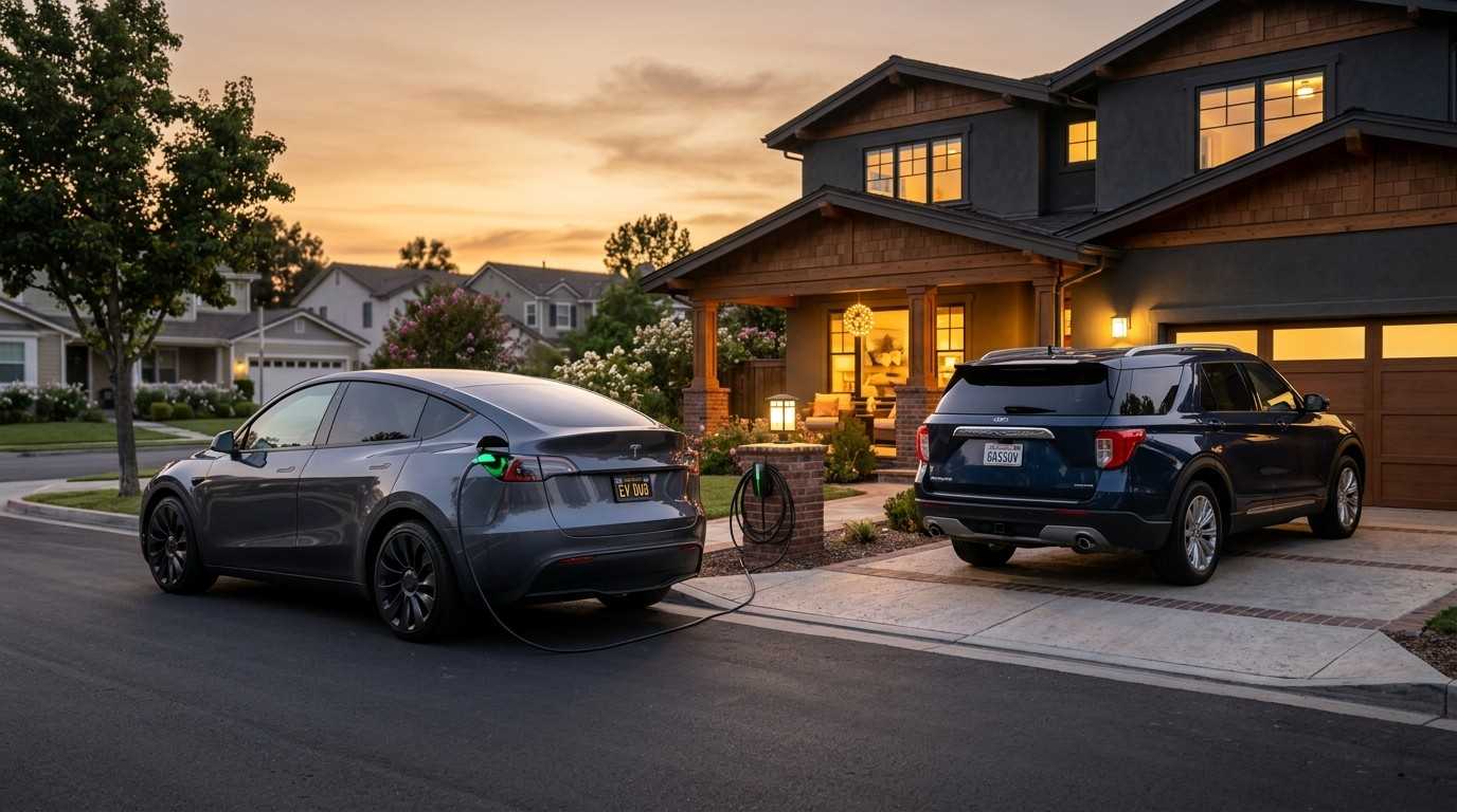 Photorealistic image of a Tesla Model Y charging in a suburban driveway at dusk, with warm interior lights glowing and a gasoline SUV parked beside it in soft evening light