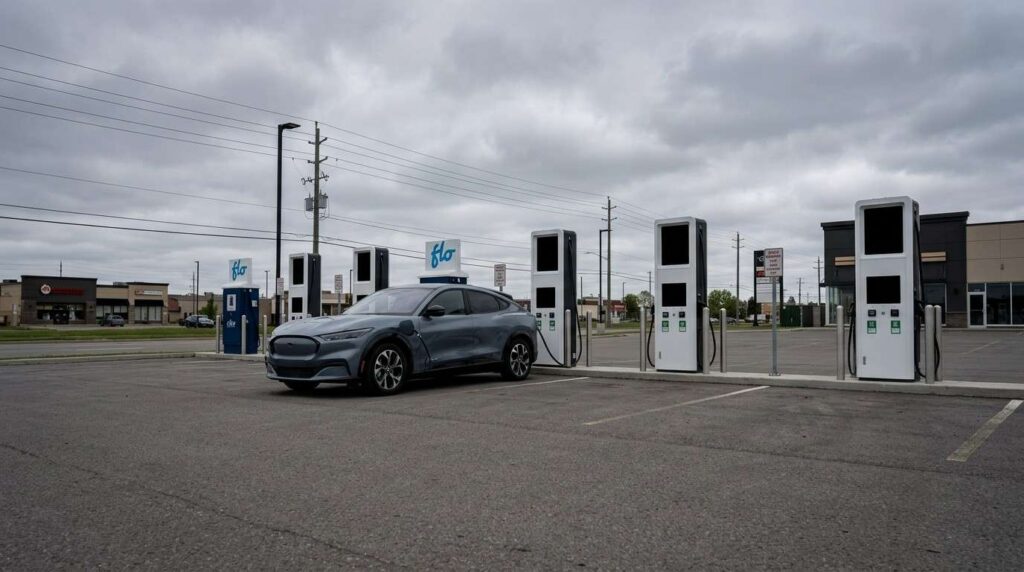 EV waiting at inactive public charging station during power outage 