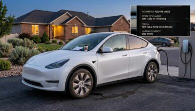photorealistic image of a Tesla Model Y with over 100,000 miles displayed on dashboard, parked in a suburban driveway at dusk