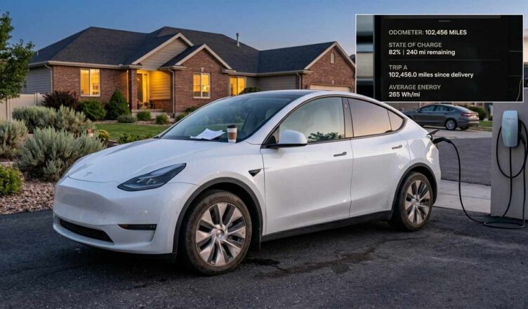 photorealistic image of a Tesla Model Y with over 100,000 miles displayed on dashboard, parked in a suburban driveway at dusk