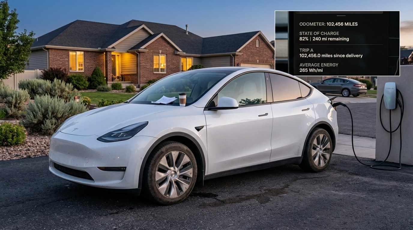photorealistic image of a Tesla Model Y with over 100,000 miles displayed on dashboard, parked in a suburban driveway at dusk