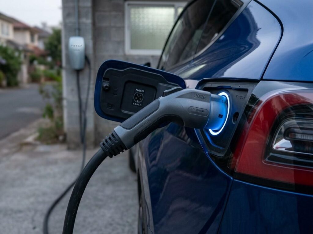 close-up of a high-quality Level 2 EV charger connector plugged into a vehicle port, visible LED status lights, clean garage setting