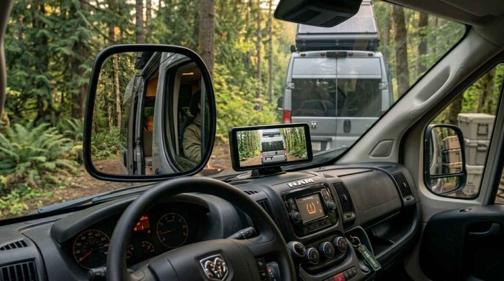 Close-up of a camper van dashboard showing the side mirrors and limited rear visibility.