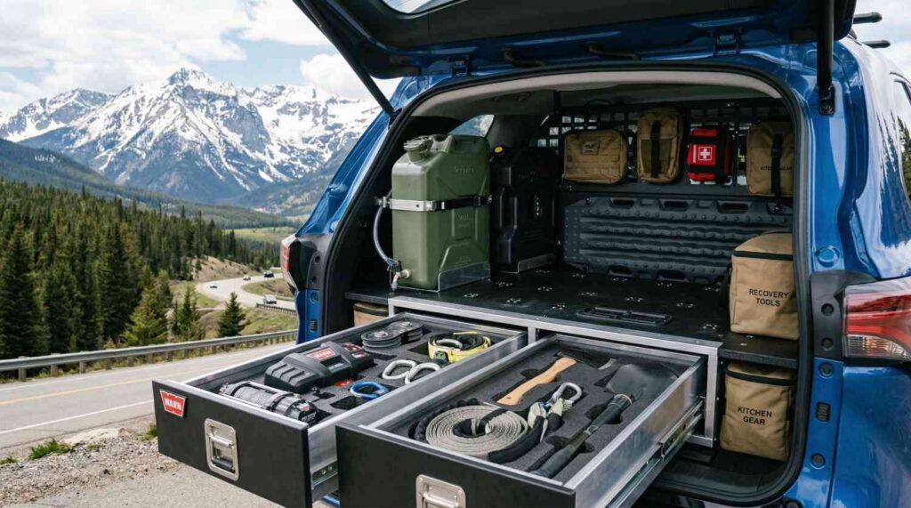 Organized cargo area of an overlanding SUV with recovery gear and water storage.