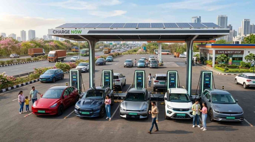 EV fast charging station with multiple vehicles plugged in on a highway rest stop