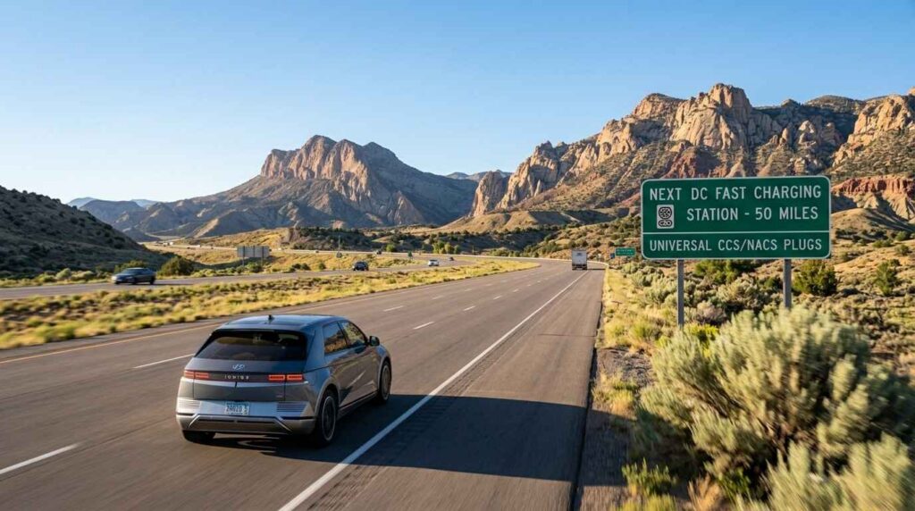 electric SUV driving on a U.S. highway toward a fast charging station during a road trip