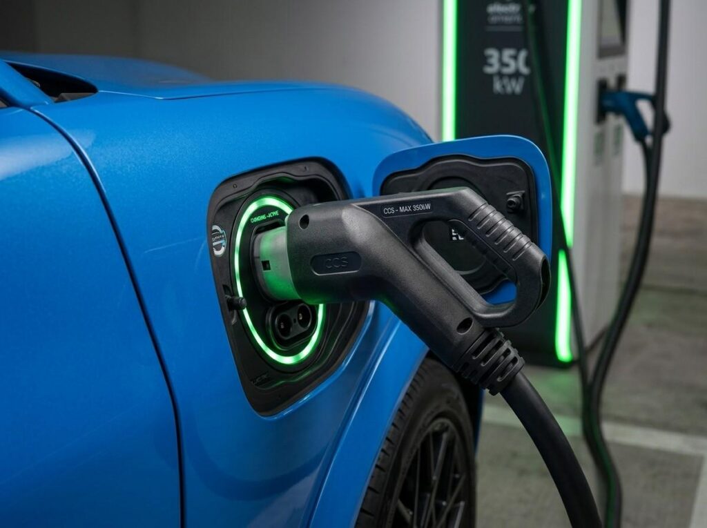  EV charging port connected to a CCS fast charger with charging status lights visible