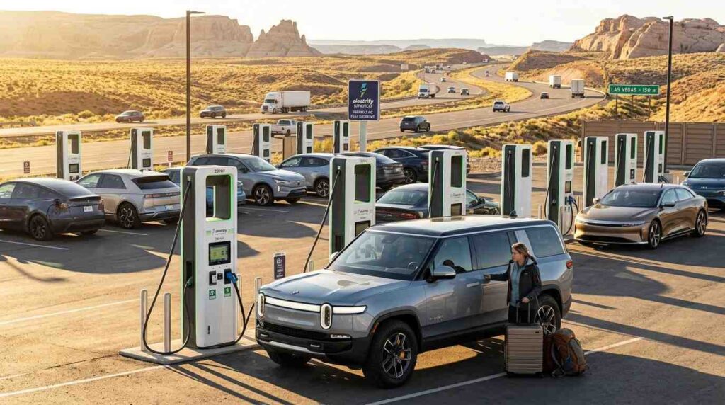 electric vehicle fast charging at highway station during road trip