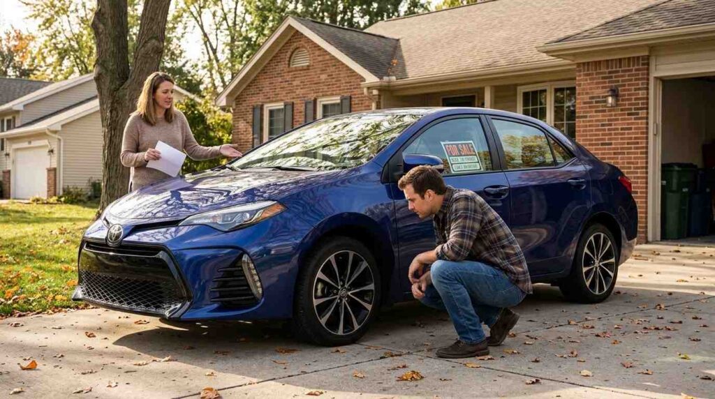 buyer inspecting used car from private seller in residential driveway